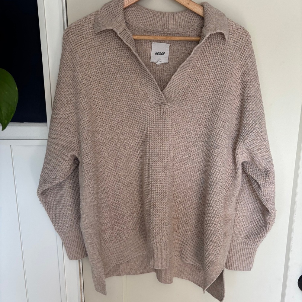 Aerie Cozy Thermal Waffle Knit Lounge Set sweater & wide leg pants L/XL short - Picture 2 of 10